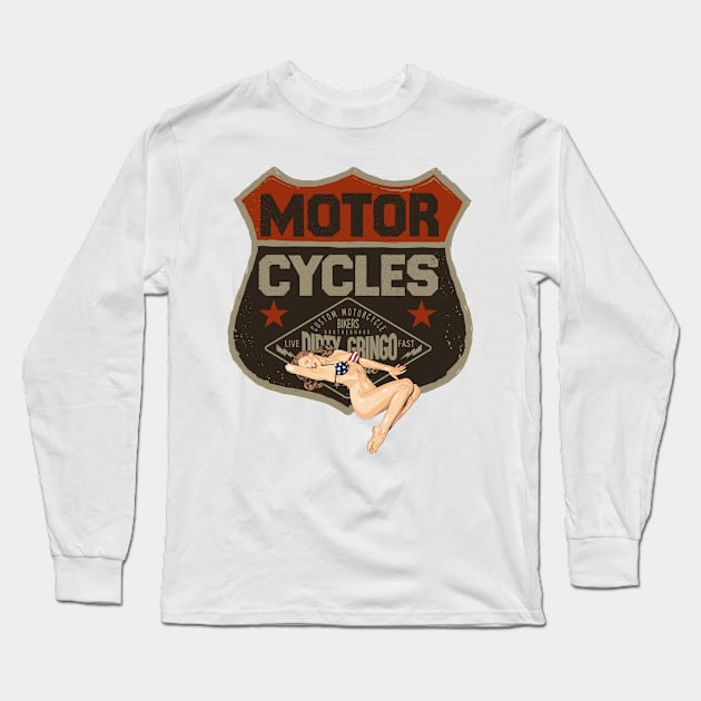 Dirty Gringo Speed Shop Hot Rod USA Bikini Motorcycle Pinup Long Sleeve T-Shirt by The Dirty Gringo